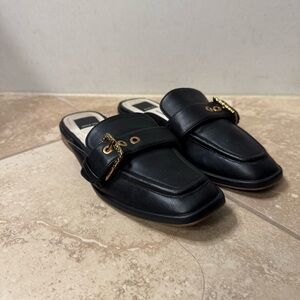 Black Leather Mules with Gold Chain Detail